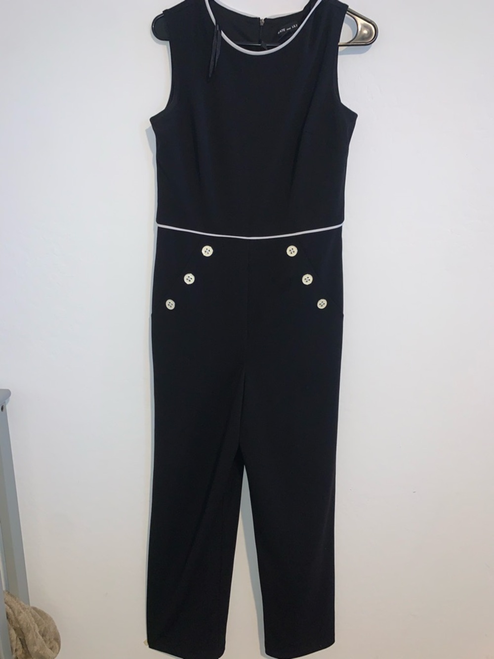 Sleeveless Black Jumpsuit with White Piping